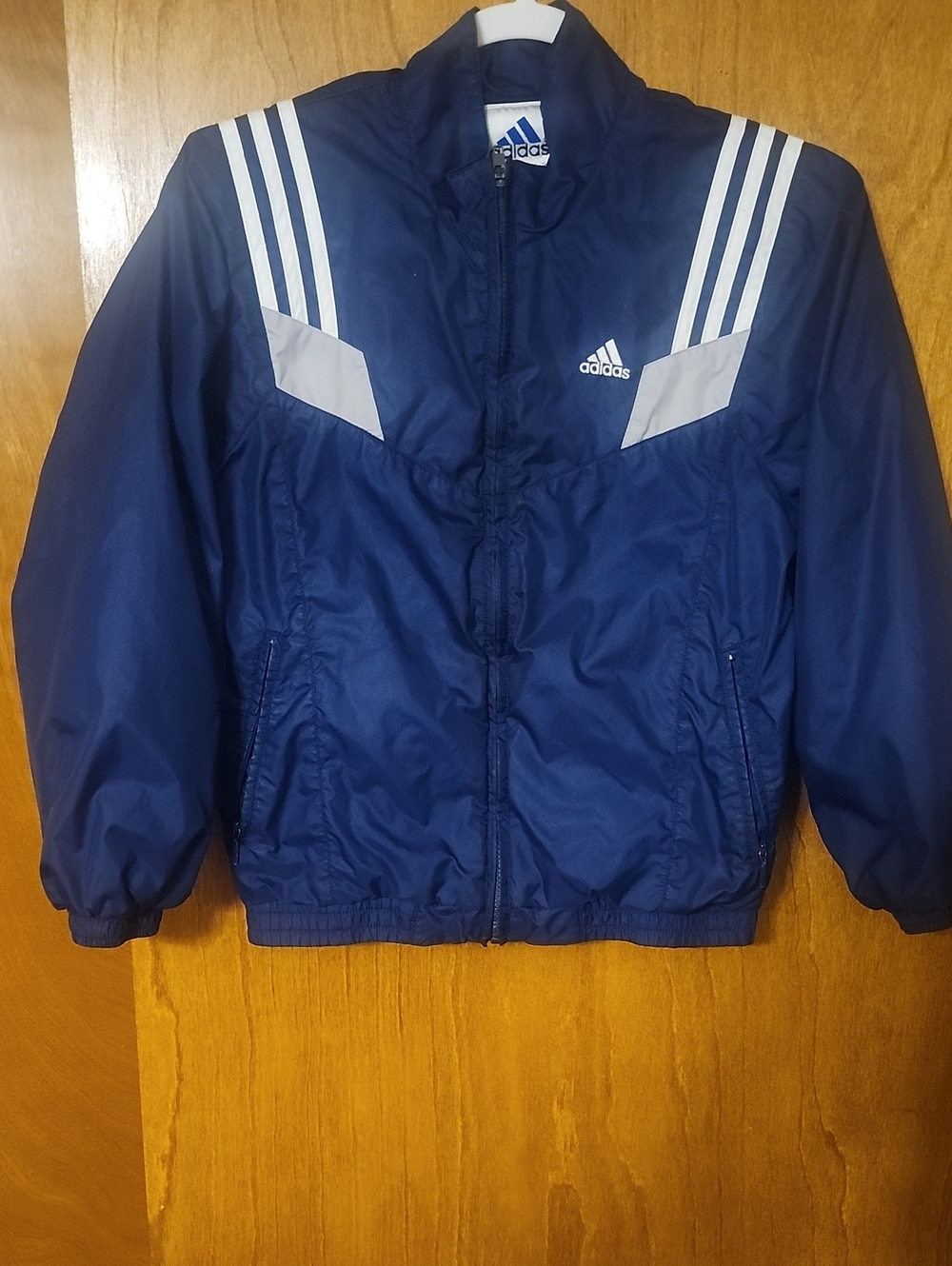 adidas Navy Blue Kids Puffer Jacket with White Stripes